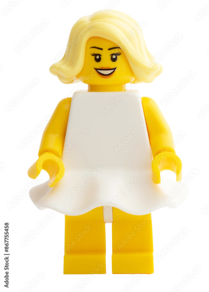 Obraz premium Dortmund - Deutschland 29 Juni 2024 - Lego Minifigure Frau mit blonden Haaren im weißem Kleid