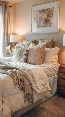 Cozy and Serene Bedroom with Plush Bed, Decorative Pillows, Stylish Lamp, and Natural Light © Saran