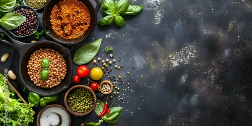 Organic Greens, Legumes, and Cast Iron Skillet A Vegan Feast Flat Lay. Concept Vegan Cooking, Plant-Based Recipes, Food Photography, Healthy Eating, Flat Lay Styling photo