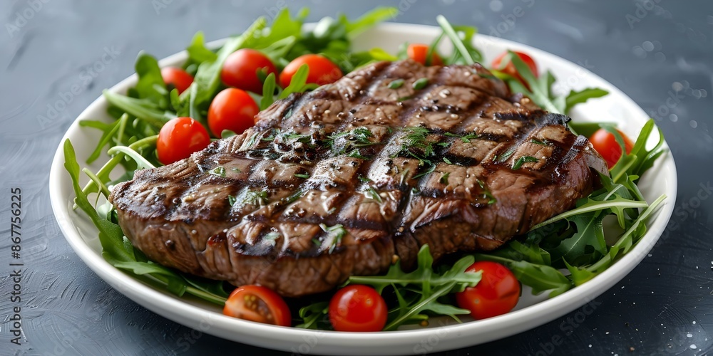 Paleo-Friendly Grilled Steak and Mixed Greens on a Ceramic Plate. Concept Food Photography, Paleo Recipes, Grilled Steak, Mixed Greens, Ceramic Plate Paleo-Friendly Grilled Steak and Mixed Greens on a Ceramic Plate. Concept Food Photography, Paleo Recipes, Grilled Steak, Mixed Greens, Ceramic Plate
