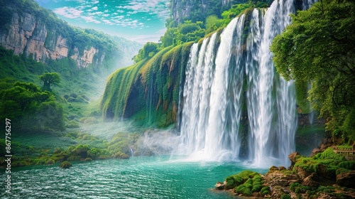 Fototapeta Naklejka Na Ścianę i Meble -  Witness the breathtaking grandeur of a majestic waterfall thundering down a rocky cliff, surrounded by lush greenery in deep emerald hues under a vibrant teal sky.