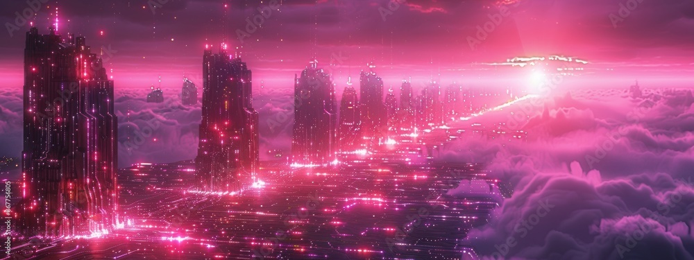 Fototapeta premium Big pillar decorated with pink glowing electrical circuits.