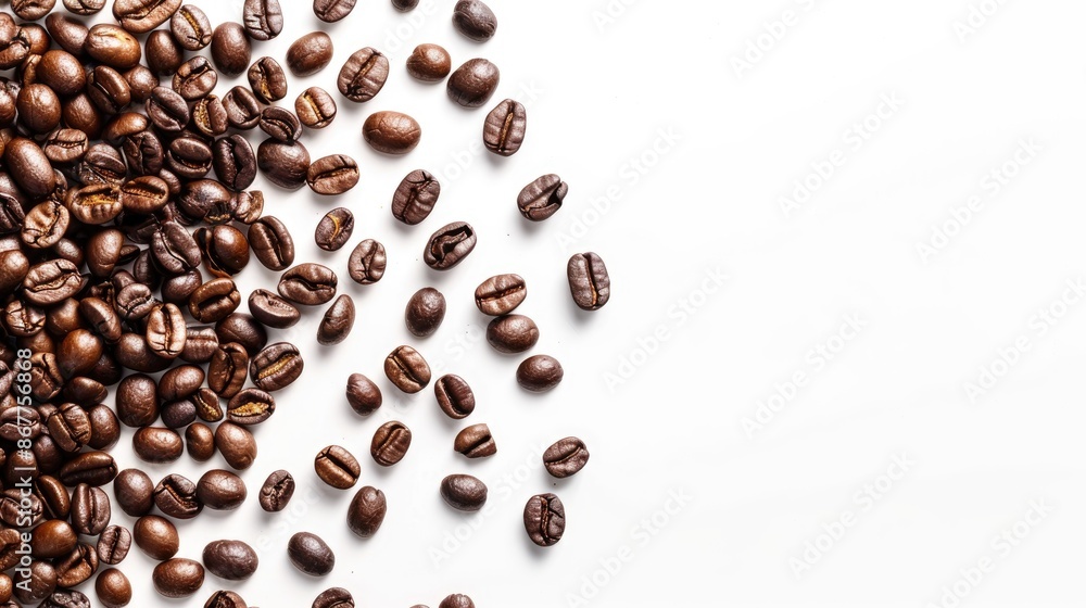 Top view of roasted coffee beans on a white background with space for text Top view of roasted coffee beans on a white background with space for text