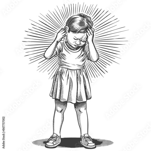 little girl holding headache in pain full body with engraving style black color only