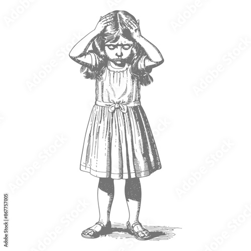 little girl holding headache in pain full body with engraving style black color only