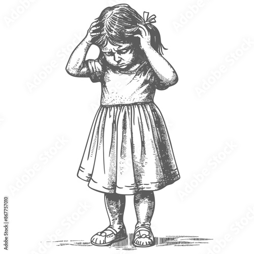 little girl holding headache in pain full body with engraving style black color only