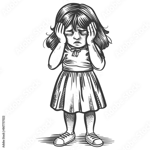little girl holding headache in pain full body with engraving style black color only