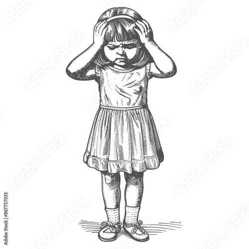 little girl holding headache in pain full body with engraving style black color only