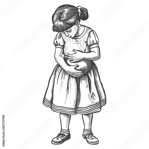 little girl holding stomach in pain full body with engraving style black color only