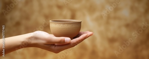 A single hand holds a small, natural textured clay tea bowl set against a warm blurred background photo