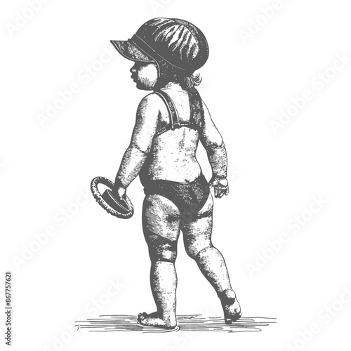 little girl walking with swim ring and swim cap with engraving style black color only
