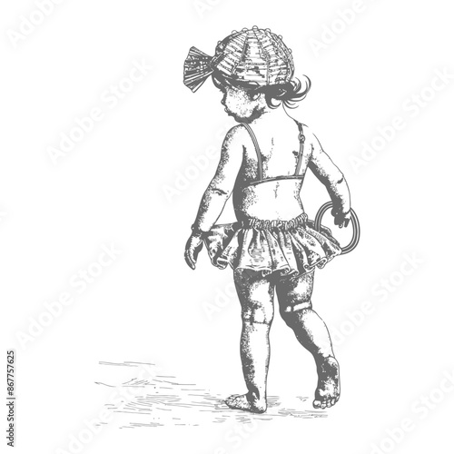 little girl walking with swim ring and swim cap with engraving style black color only