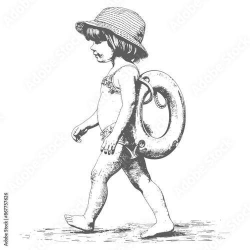 little girl walking with swim ring and swim cap with engraving style black color only