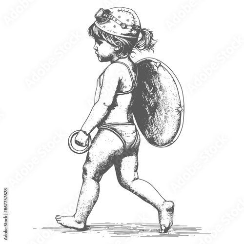 little girl walking with swim ring and swim cap with engraving style black color only