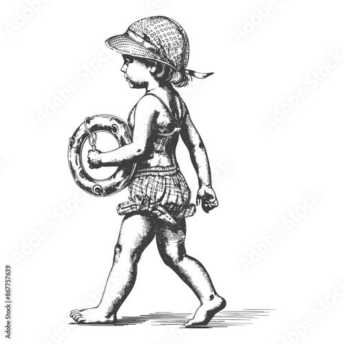 little girl walking with swim ring and swim cap with engraving style black color only