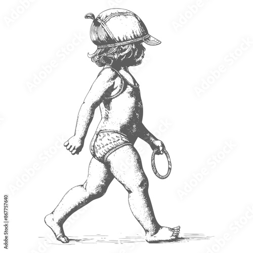 little girl walking with swim ring and swim cap with engraving style black color only