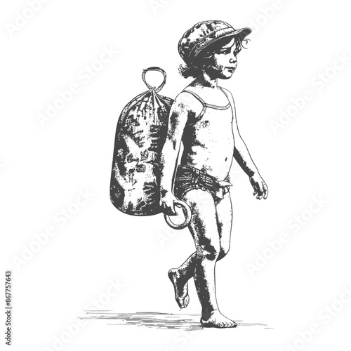 little girl walking with swim ring and swim cap with engraving style black color only