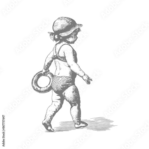 little girl walking with swim ring and swim cap with engraving style black color only