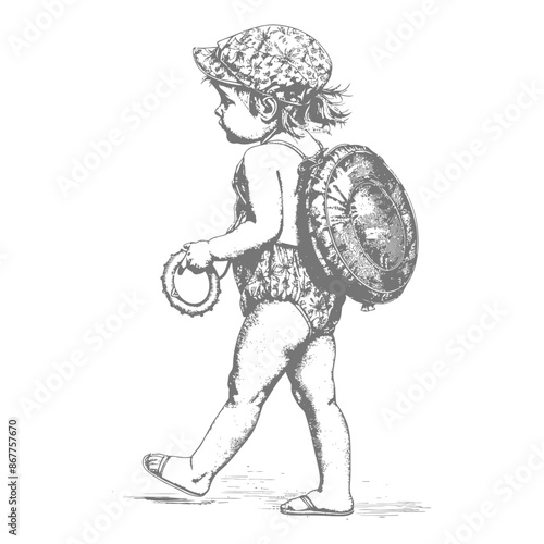 little girl walking with swim ring and swim cap with engraving style black color only