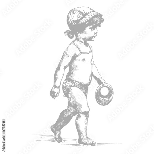 little girl walking with swim ring and swim cap with engraving style black color only