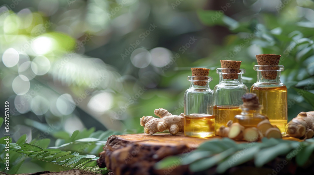Four glass bottles of ginger oil with cork stoppers sit on a tree stump in a lush green forest Four glass bottles of ginger oil with cork stoppers sit on a tree stump in a lush green forest