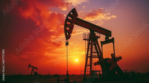 A silhouette of an oil pump set against a dramatic sunset sky, capturing the essence of the energy industrys impact on the environment