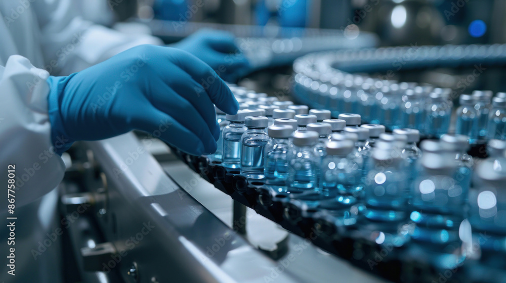 A scientist in a sterile lab environment inspects vials of medication on a conveyor belt A scientist in a sterile lab environment inspects vials of medication on a conveyor belt