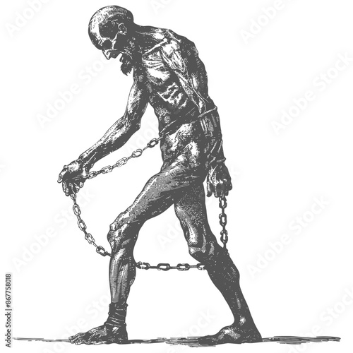 man slave with shackle full body with engraving style black color only