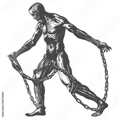 man slave with shackle full body with engraving style black color only