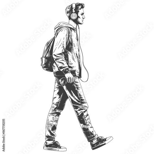 man walking while listening to headset full body with engraving style black color only