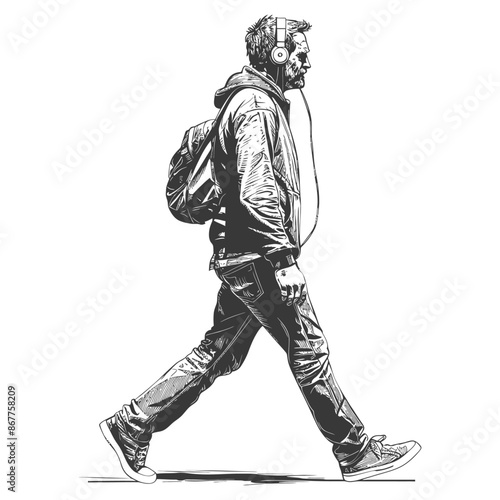 man walking while listening to headset full body with engraving style black color only