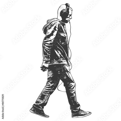 man walking while listening to headset full body with engraving style black color only