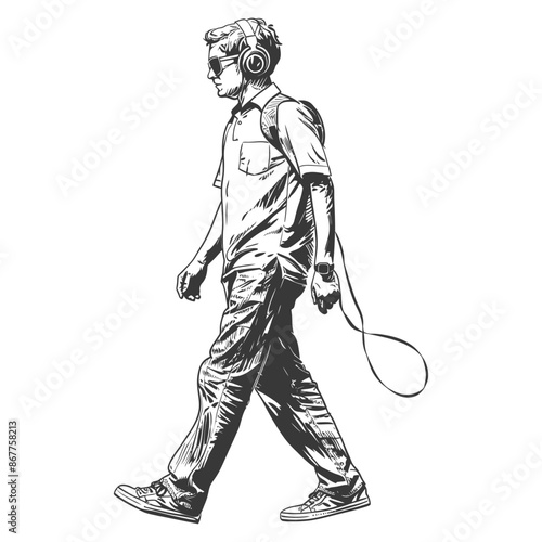 man walking while listening to headset full body with engraving style black color only