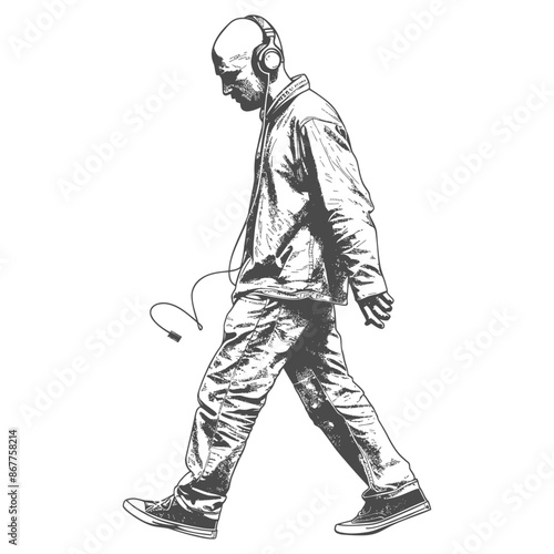 man walking while listening to headset full body with engraving style black color only