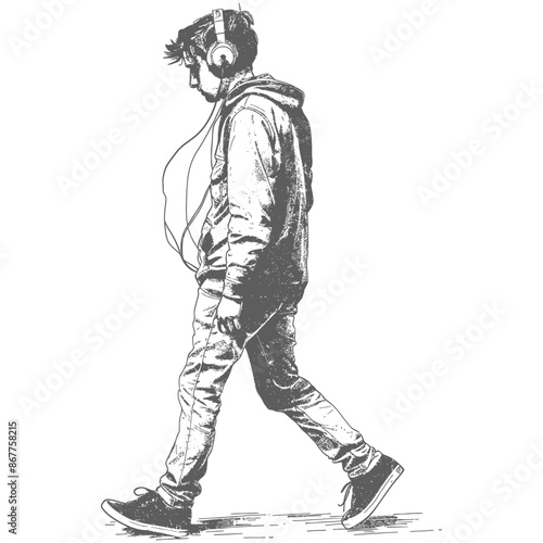 man walking while listening to headset full body with engraving style black color only