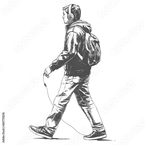 man walking while listening to headset full body with engraving style black color only