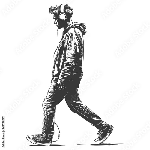 man walking while listening to headset full body with engraving style black color only