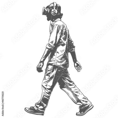 man walking while listening to headset full body with engraving style black color only