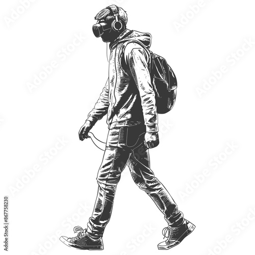 man walking while listening to headset full body with engraving style black color only