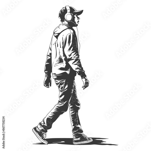 man walking while listening to headset full body with engraving style black color only