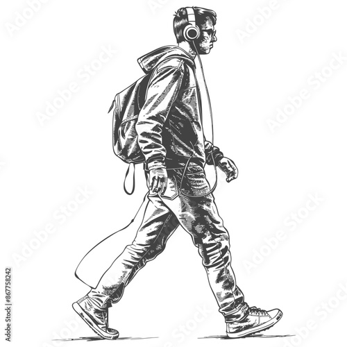 man walking while listening to headset full body with engraving style black color only