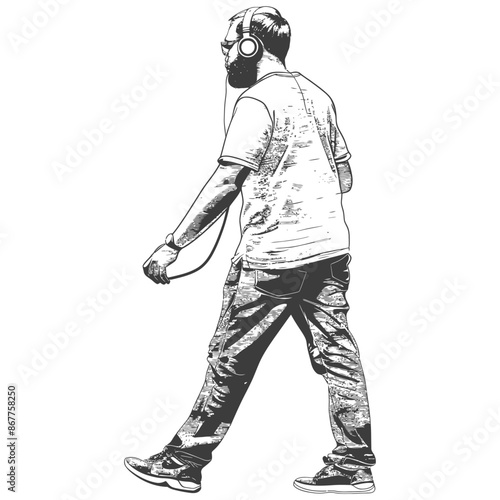 man walking while listening to headset full body with engraving style black color only