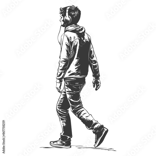 man walking while listening to headset full body with engraving style black color only