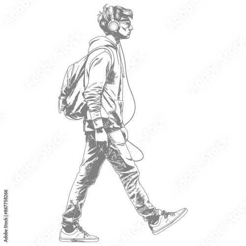 man walking while listening to headset full body with engraving style black color only