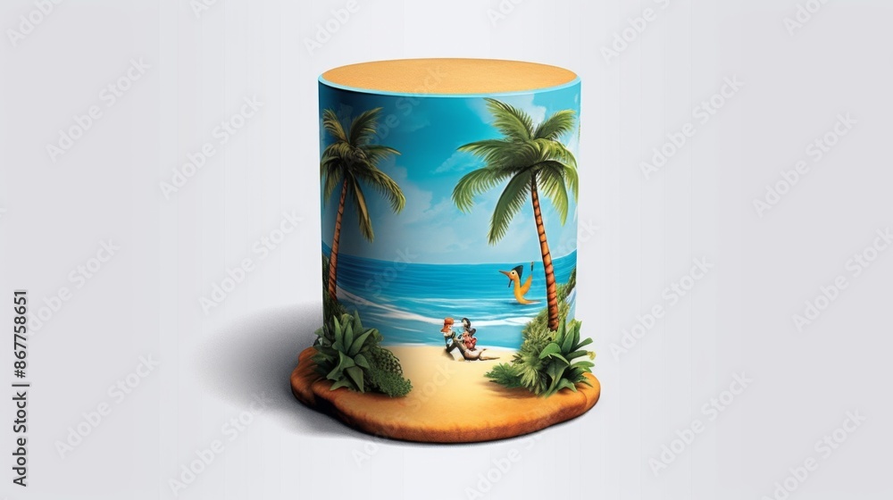 Tropical Beach Scene Depicted on a Cylindrical Object Tropical Beach Scene Depicted on a Cylindrical Object