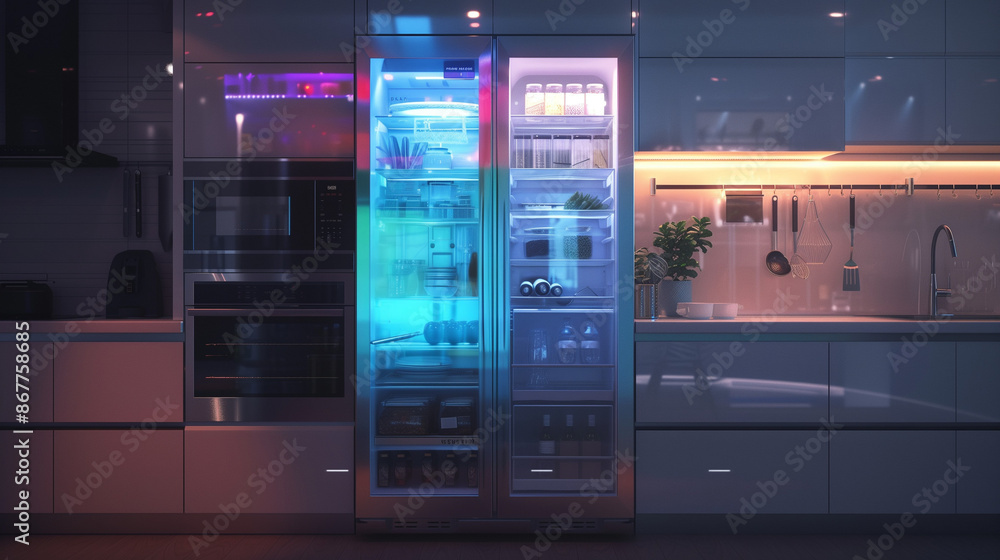 Modern Smart Refrigerator in Futuristic Kitchen Modern Smart Refrigerator in Futuristic Kitchen
