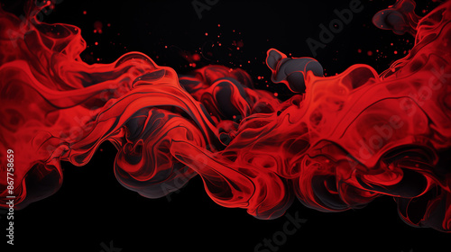 Red Color Ink Fluid Waves Flowing on Black Background, Abstract Image, Texture, Pattern Background, Wallpaper, Background, Cell Phone Cover and Screen, Smartphone, Computer, Laptop, 9:16 and 16:9 Form