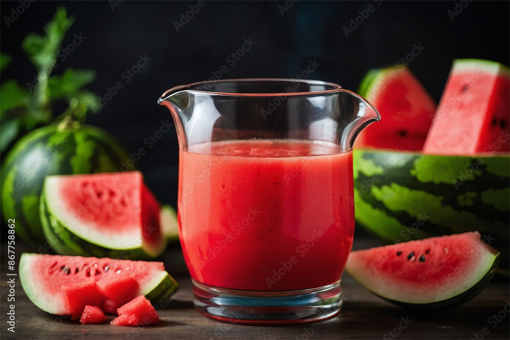 fresh watermelon juice in a clear glass pitcher. fresh watermelon juice in a clear glass pitcher.