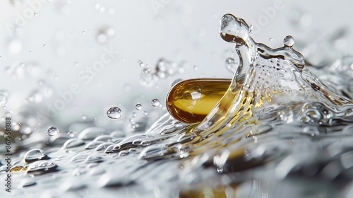 close-up fish oil capsule dropped into water, water splashing bubbles surface, high-resolution photography, natural light, soft shadows, product shot realistic detail