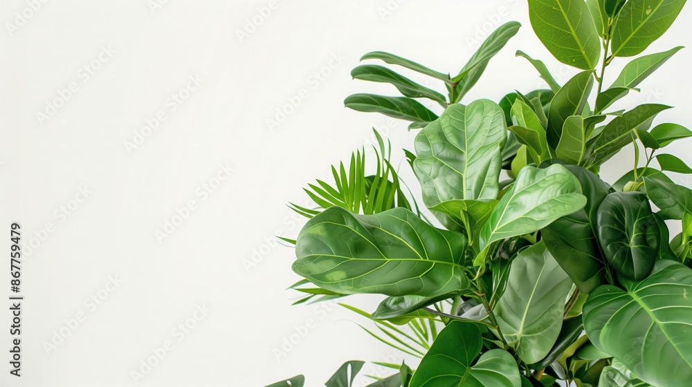 Green houseplants on white background with copy space for text Green houseplants on white background with copy space for text